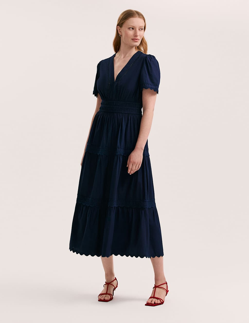 Finery London Women's Pure Cotton V-Neck Midi Tiered Dress - 12 - Navy, Dark Khaki,Navy,Red,White