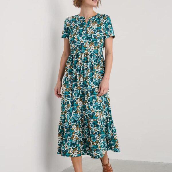 Seasalt Cornwall Women's Pure Cotton Floral V-Neck Midaxi Tiered Dress - 12 - Teal Mix, Teal Mix