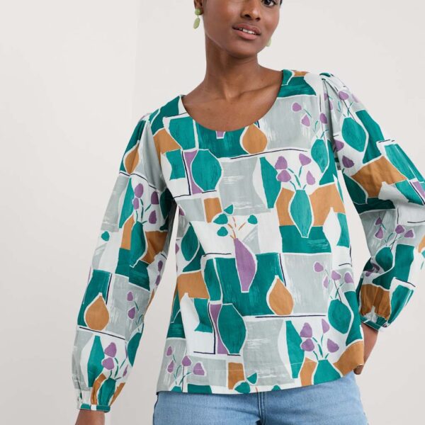 Seasalt Cornwall Women's Pure Cotton Printed Scoop Neck Blouse - 14 - Teal Mix, Teal Mix