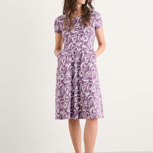 Seasalt Cornwall Women's Cotton Rich Printed Knee Length Waisted Dress - 10REG - Purple Mix, Purple Mix