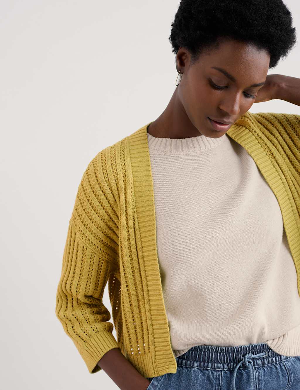 Seasalt Cornwall Women's Pure Cotton Ribbed Edge to Edge Cardigan - 14 - Yellow, Green,Yellow