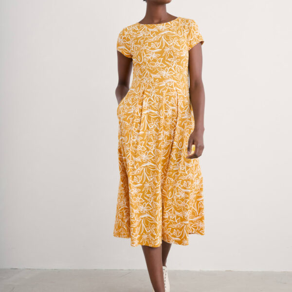 Seasalt Cornwall Women's Cotton Rich Floral Midi Fit And Flare Dress - 14REG - Yellow Mix, Yellow Mix