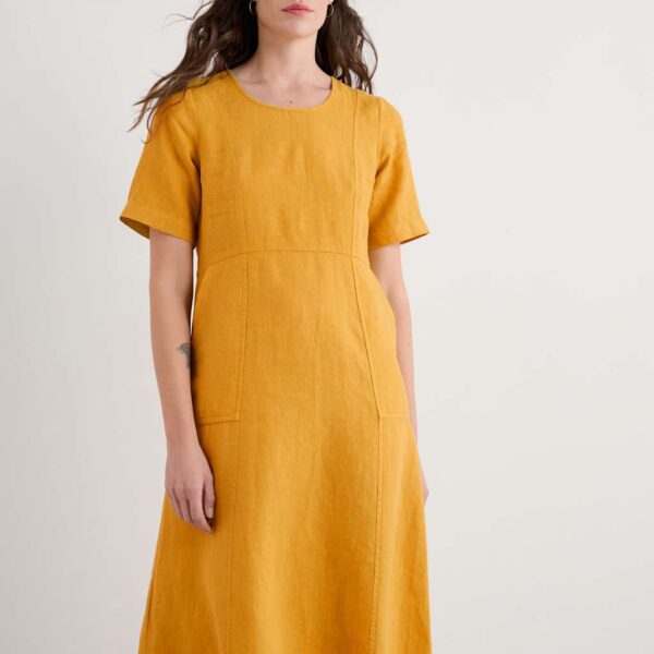 Seasalt Cornwall Women's Pure Linen Scoop Neck Midi Waisted Dress - 14REG - Yellow, Pink,Navy,Yellow