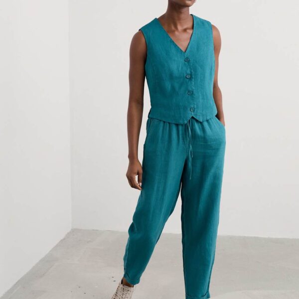 Seasalt Cornwall Women's Pure Linen V-Neck Button Through Waistcoat - 18 - Teal, Teal