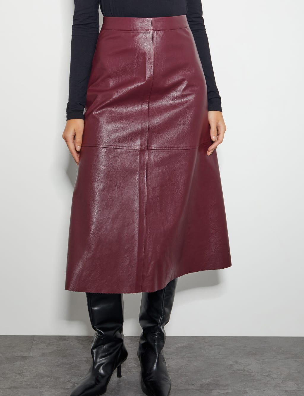 Monsoon Women's Leather Look Midi A-Line Skirt - 22 - Burgundy, Burgundy