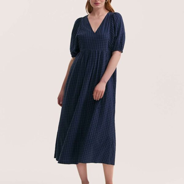 Finery London Women's Cotton Blend Gingham V-Neck Midi Smock Dress - 12 - Navy, Navy,Green,Red