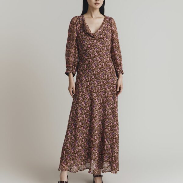Ghost Women's Floral Print Cowl Neck Midi Waisted Dress - Brown Mix, Brown Mix