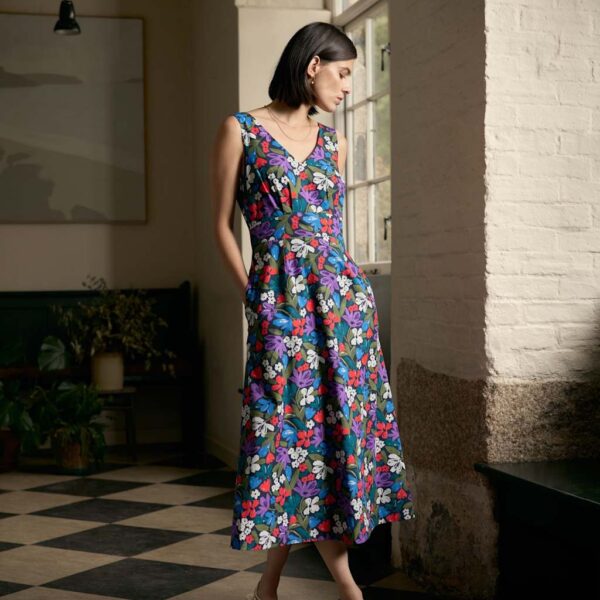 Seasalt Cornwall Women's Pure Cotton Floral V-Neck Midi Skater Dress - 16REG - Multi, Multi