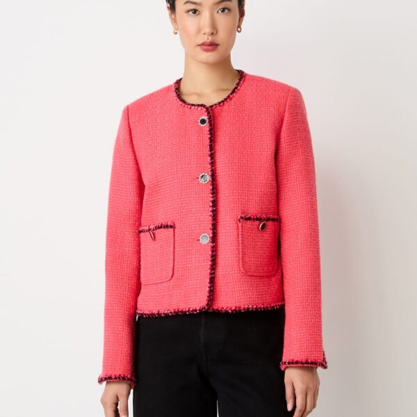 Finery London Women's Tweed Collarless Short Jacket - 16 - Pink, Pink,Ivory