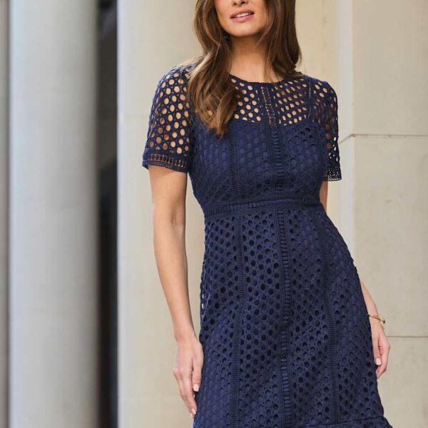Sosandar Women's Lace Detail Knee Length Skater Dress - 12 - Navy, Navy