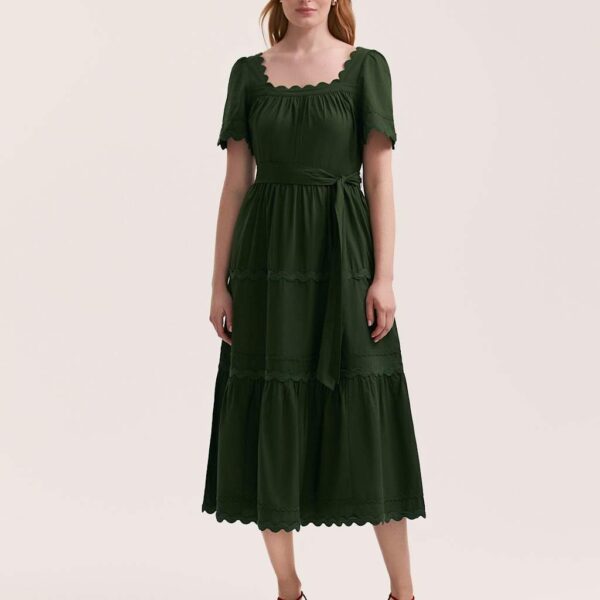 Finery London Women's Pure Cotton Square Neck Midi Tiered Dress - 16 - Dark Khaki, Dark Khaki,Red