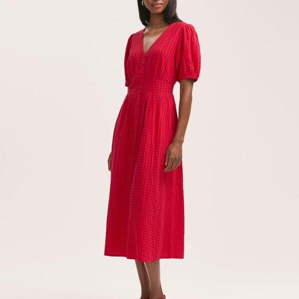 Finery London Women's Cotton Blend Gingham V-Neck Midi Tea Dress - 16 - Red, Khaki,Blue,Red