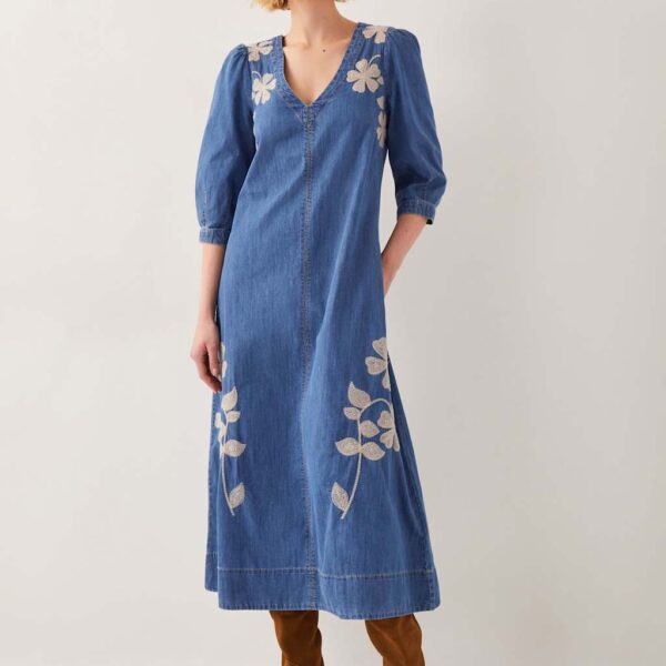 Monsoon Women's Pure Cotton Embroidered V-Neck Midaxi Dress - Blue Denim, Blue Denim
