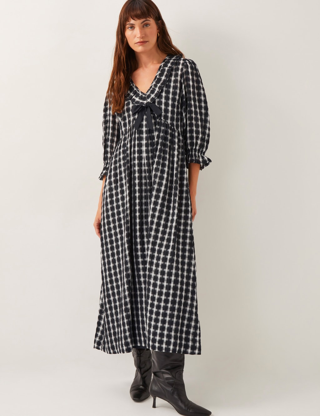 Monsoon Women's Checked Collared V-Neck Midi Skater Dress - Black Mix, Black Mix