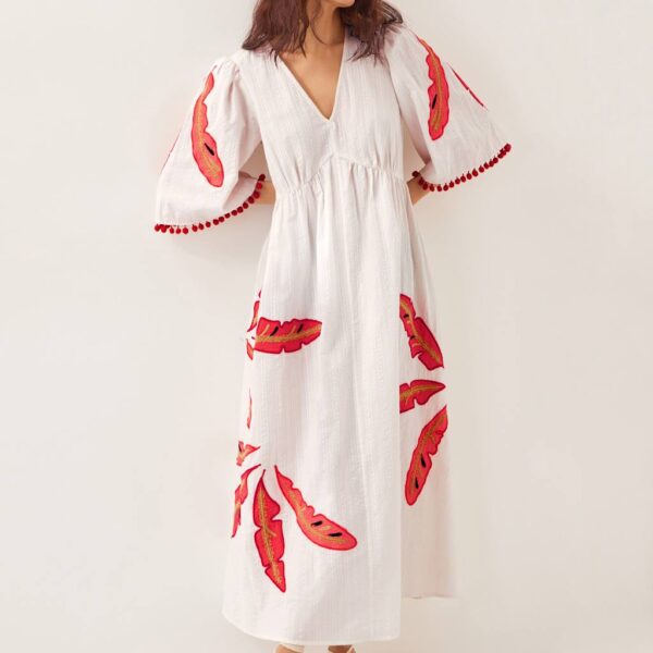 Monsoon Women's Pure Cotton Embroidered V-Neck Maxi Dress - White Mix, White Mix