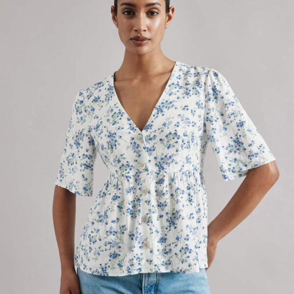 Albaray Women's Liinen Blend Blossom Print Button Through Top - 12 - White Mix, White Mix