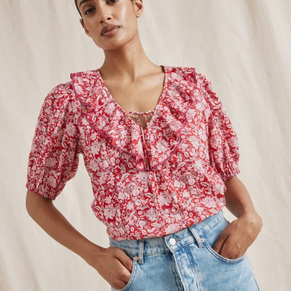 Albaray Women's Pure Cotton Woodblock Print Frill Neck Top - 8 - Red Mix, Red Mix