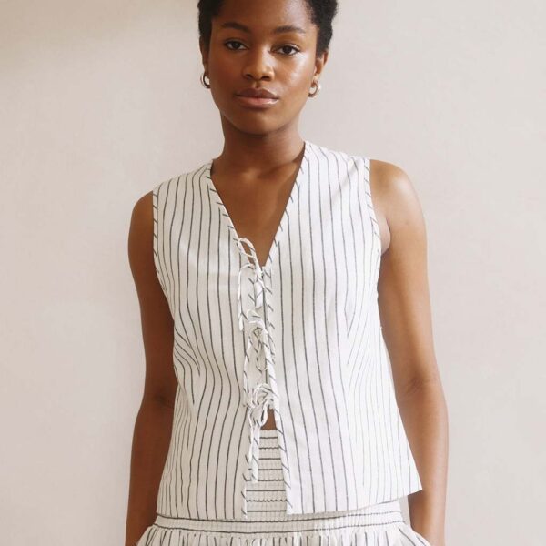 Albaray Women's Linen Blend Stripe Tie Front Waistcoat - 8 - White Mix, White Mix