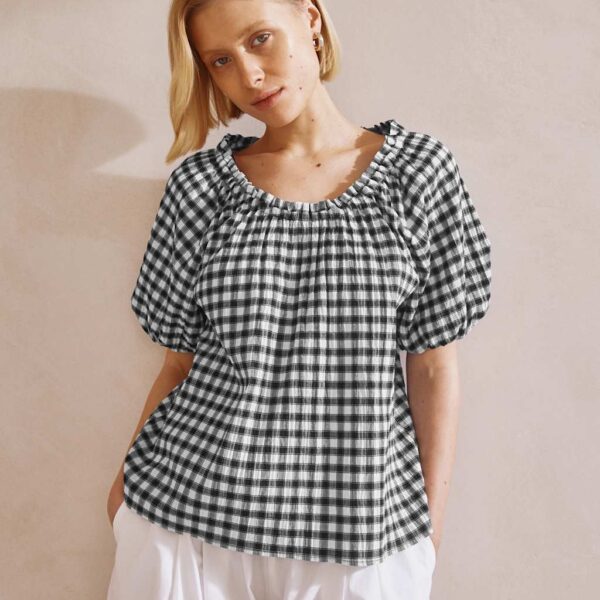 Albaray Women's Cotton Rich Gingham Puff Sleeve Blouse - 10 - Black Mix, Black Mix