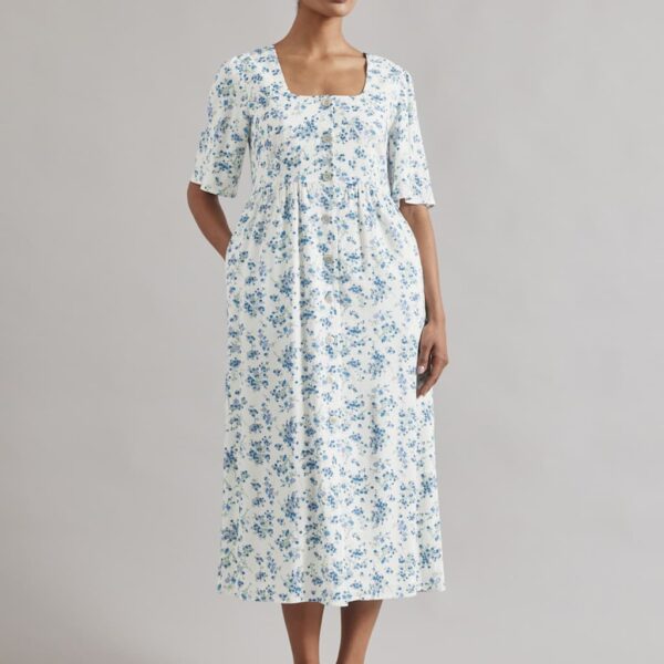 Albaray Women's Linen Blend Floral Midi Skater Dress - 12 - White Mix, White Mix