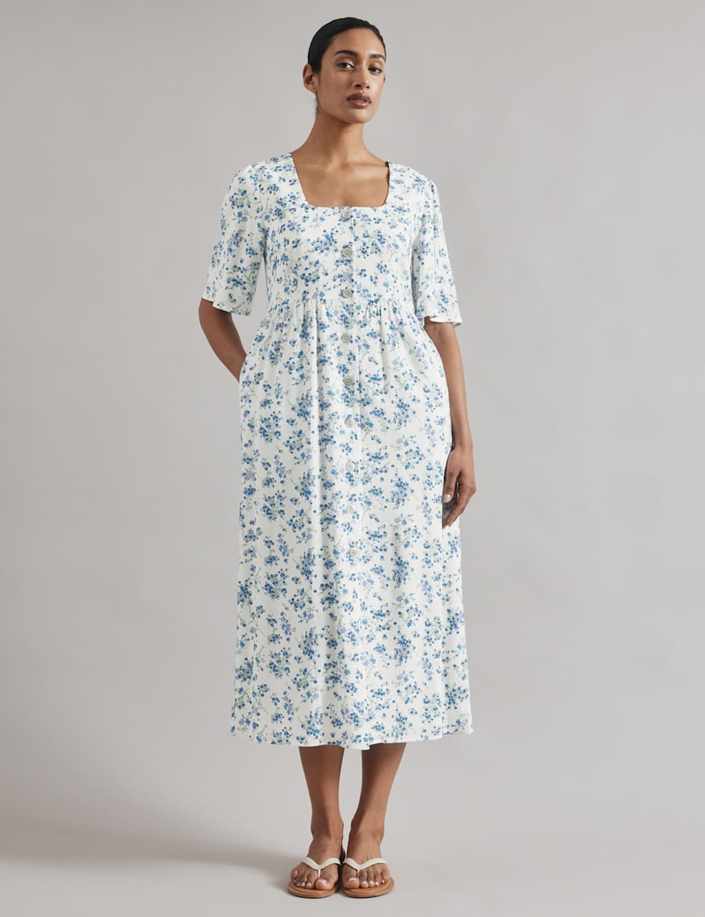 Albaray Women's Linen Blend Floral Midi Skater Dress - 12 - White Mix, White Mix