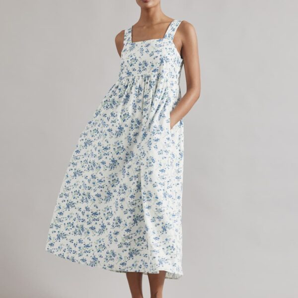 Albaray Women's Linen Blend Blossom Print Midi Skater Dress - 8 - White Mix, White Mix