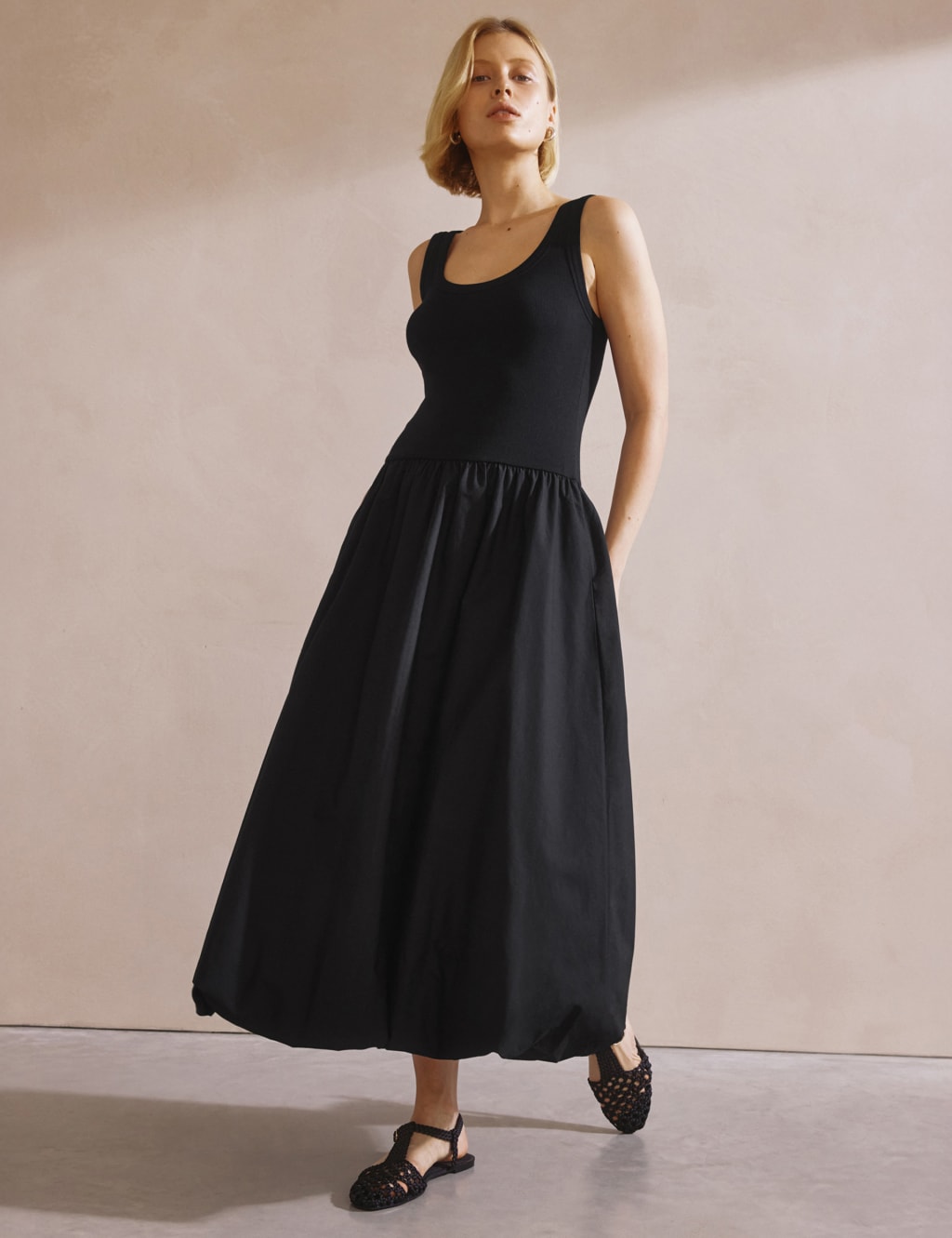 Albaray Women's Cotton Rich Round Neck Midi Waisted Dress - 14 - Black, Black
