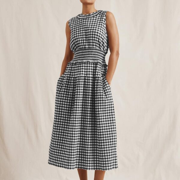 Albaray Women's Cotton Rich Gingham Midi Waisted Dress - 12 - Black Mix, Black Mix