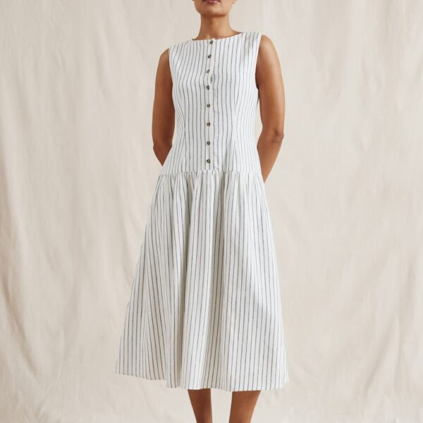 Albaray Women's Linen Blend Striped Midi Skater Dress - 10 - White Mix, White Mix