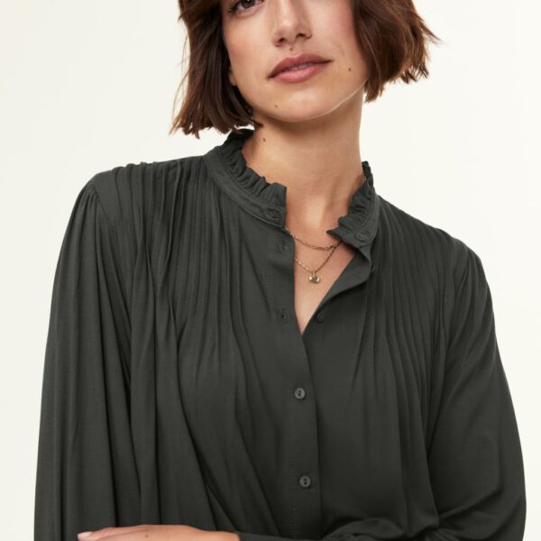 Baukjen Women's Jersey High Neck Pintuck Relaxed Blouse - 18 - Dark Khaki, Dark Khaki,Light Pink