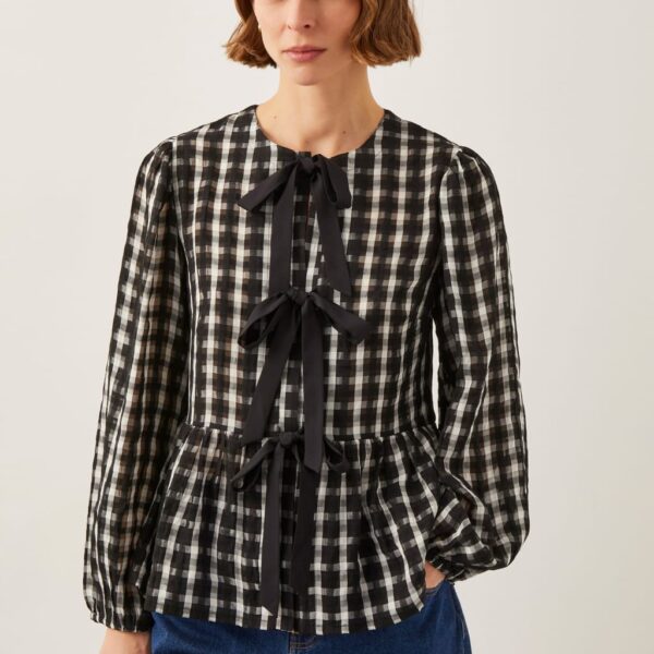 Monsoon Women's Checked Tie Front Peplum Blouse - Black Mix, Black Mix