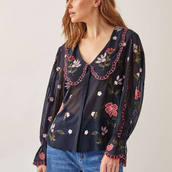 Monsoon Women's Sheer Embroidered Oversized Collared Blouse - XL - Black Mix, Black Mix