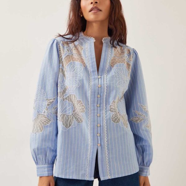 Monsoon Women's Pure Cotton Striped Lace Insert Blouse - XXL - Blue Mix, Blue Mix