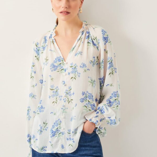 Monsoon Women's Modal Blend Sheer Floral V-Neck Blouse - Ivory Mix, Ivory Mix