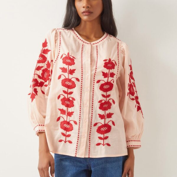 Monsoon Women's Pure Cotton Embroidered Round Neck Blouse - Light Pink Mix, Light Pink Mix