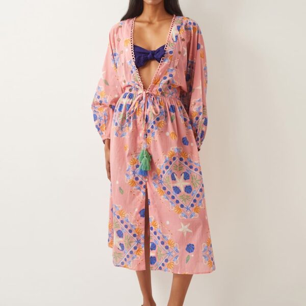 Monsoon Women's Pure Cotton V-Neck Midi Kaftan Dress - L - Pink, Pink