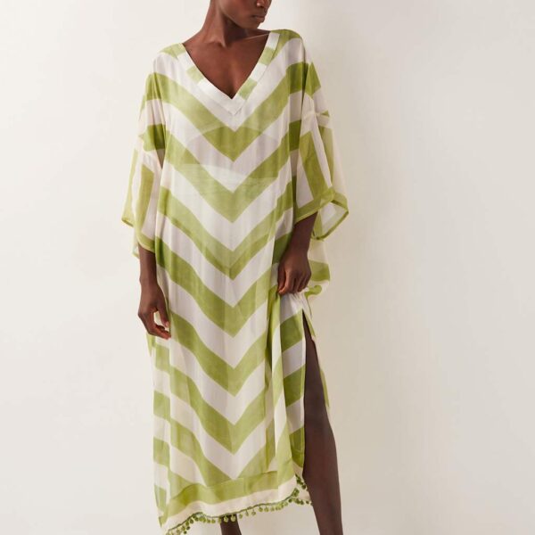 Monsoon Women's Striped V-Neck Tie Detail Maxi Kaftan - Green Mix, Green Mix