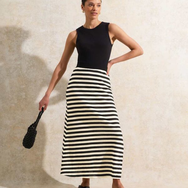 Ro&Zo Women's Cotton Blend Striped Midi A-Line Skirt - 14REG - Black Mix, Black Mix