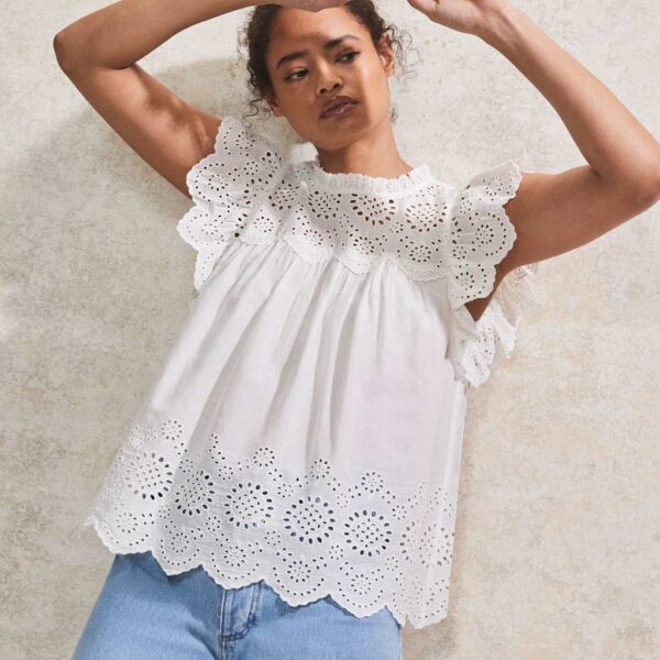 Ro&Zo Women's Pure Cotton Broderie Frill Detail Top - 14REG - White Mix, White Mix
