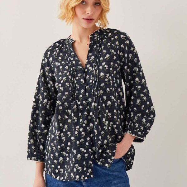 Monsoon Women's Floral V-Neck Pintuck Button Through Top - XL - Black Mix, Black Mix
