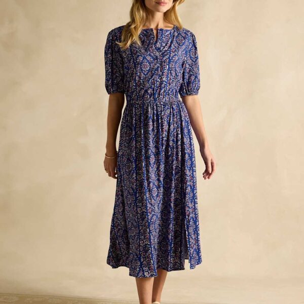 Joules Women's Printed Round Neck Midaxi Waisted Dress - 12 - Navy Mix, Navy Mix