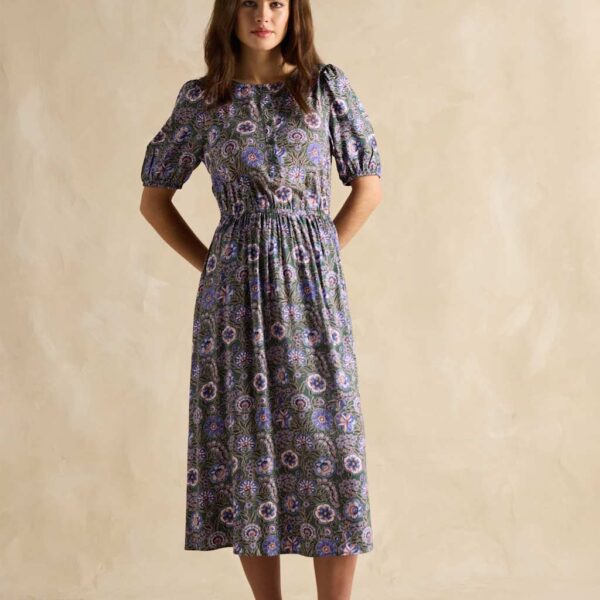 Joules Women's Floral V-Neck Midi Waisted Dress - 12 - Khaki Mix, Khaki Mix,Red Mix