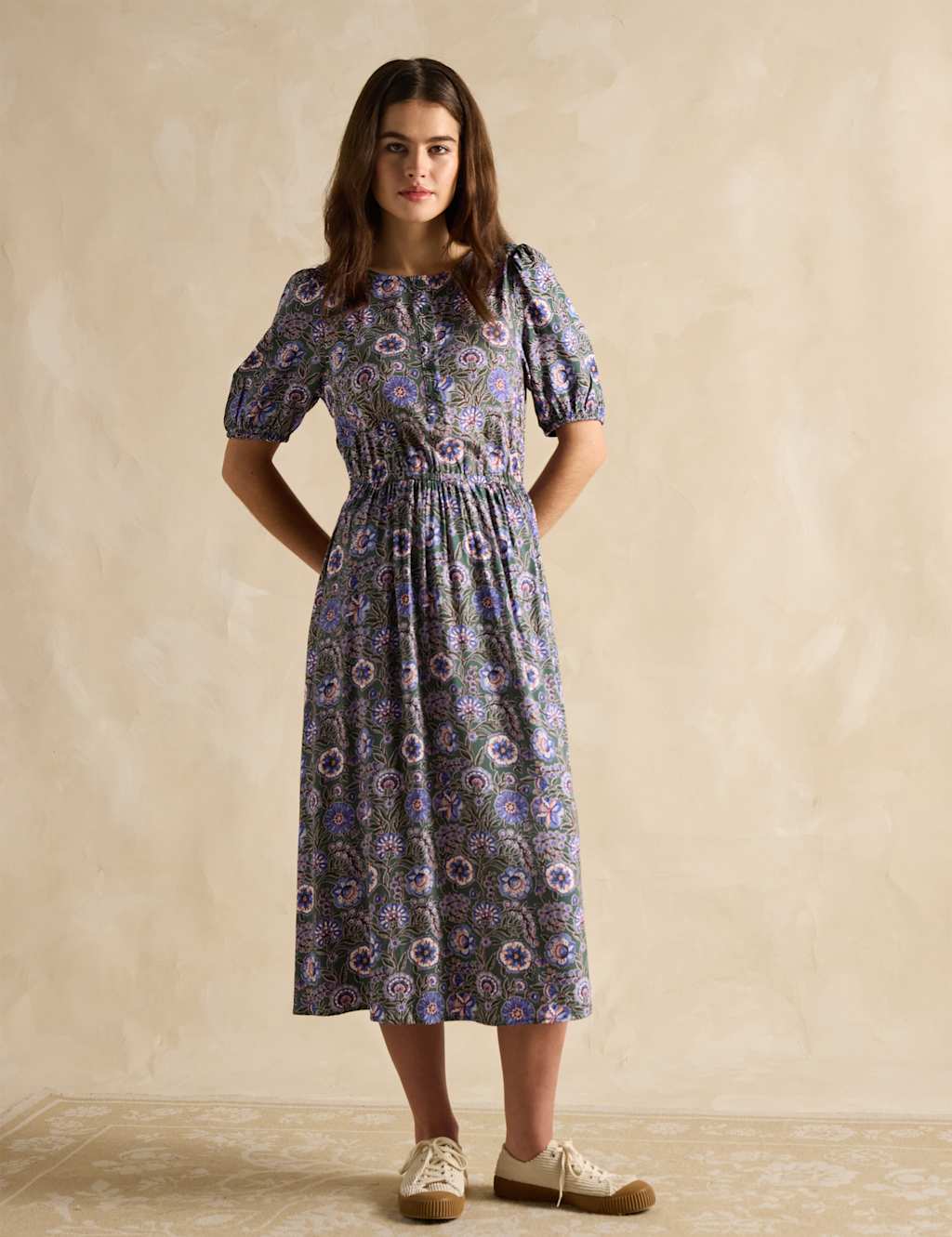 Joules Women's Floral V-Neck Midi Waisted Dress - 12 - Khaki Mix, Khaki Mix,Red Mix