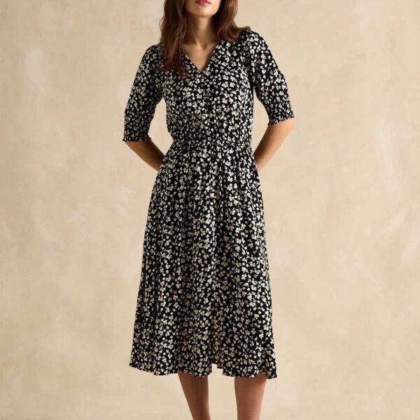 Joules Women's Floral V-Neck Midi Waisted Dress - 10 - Black Mix, Black Mix