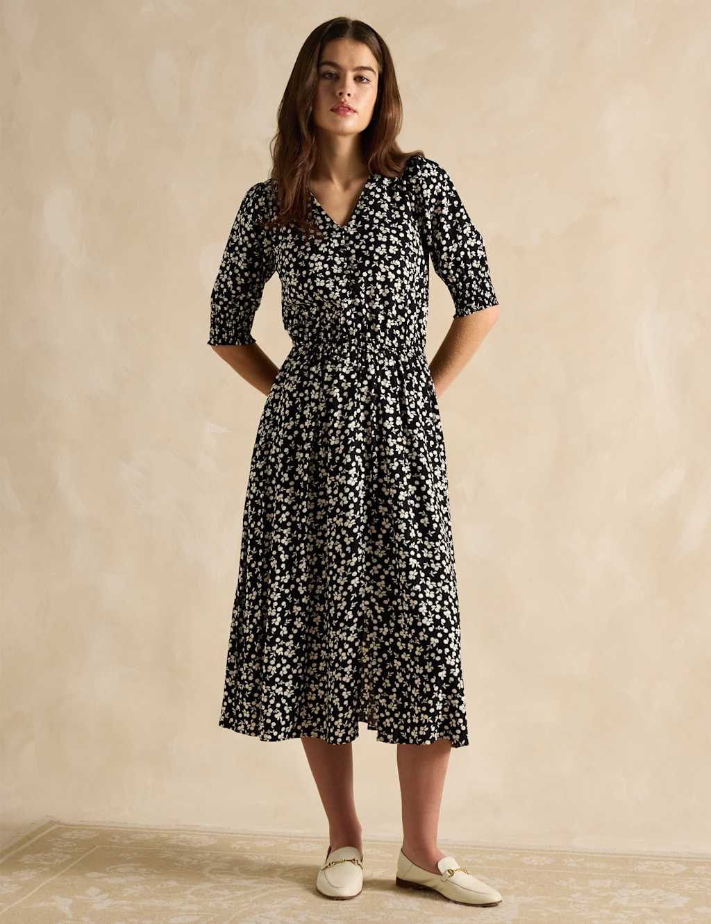 Joules Women's Floral V-Neck Midi Waisted Dress - 10 - Black Mix, Black Mix