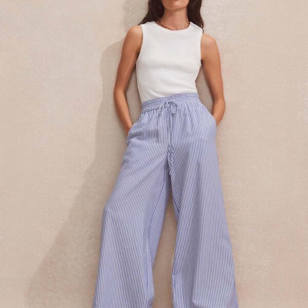 Ro&Zo Women's Striped Elasticated Waist Wide Leg Trousers - 14REG - Blue Mix, Blue Mix