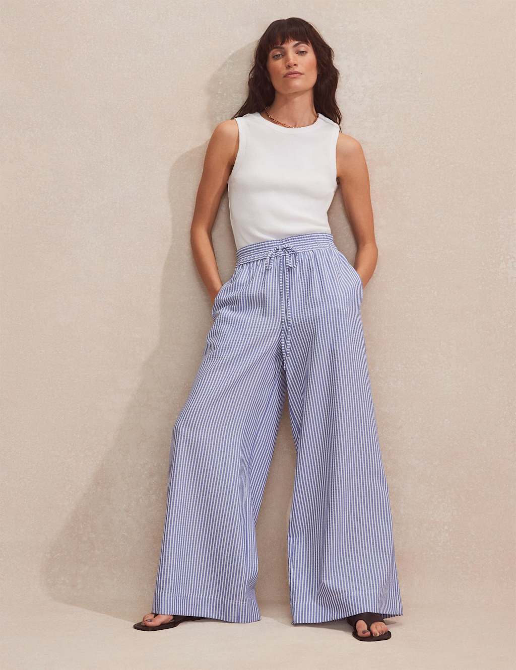 Ro&Zo Women's Striped Elasticated Waist Wide Leg Trousers - 14REG - Blue Mix, Blue Mix