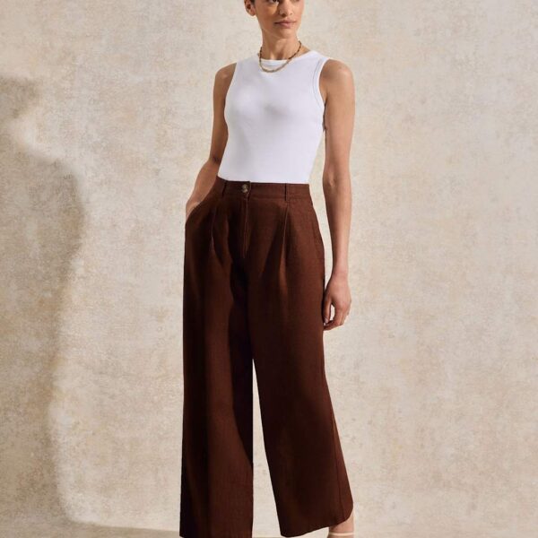 Ro&Zo Women's Linen Rich Buckle Detail Wide Leg Trousers - 14REG - Brown, Brown