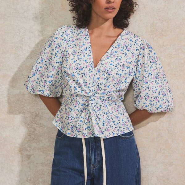 Ro&Zo Women's Pure Cotton Ditsy Floral Twist Front Blouse - 12REG - Ivory Mix, Ivory Mix