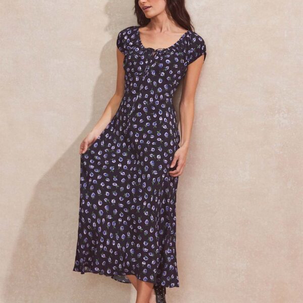 Ro&Zo Women's Floral Tie Detail Midaxi Tea Dress - 12REG - Navy Mix, Navy Mix
